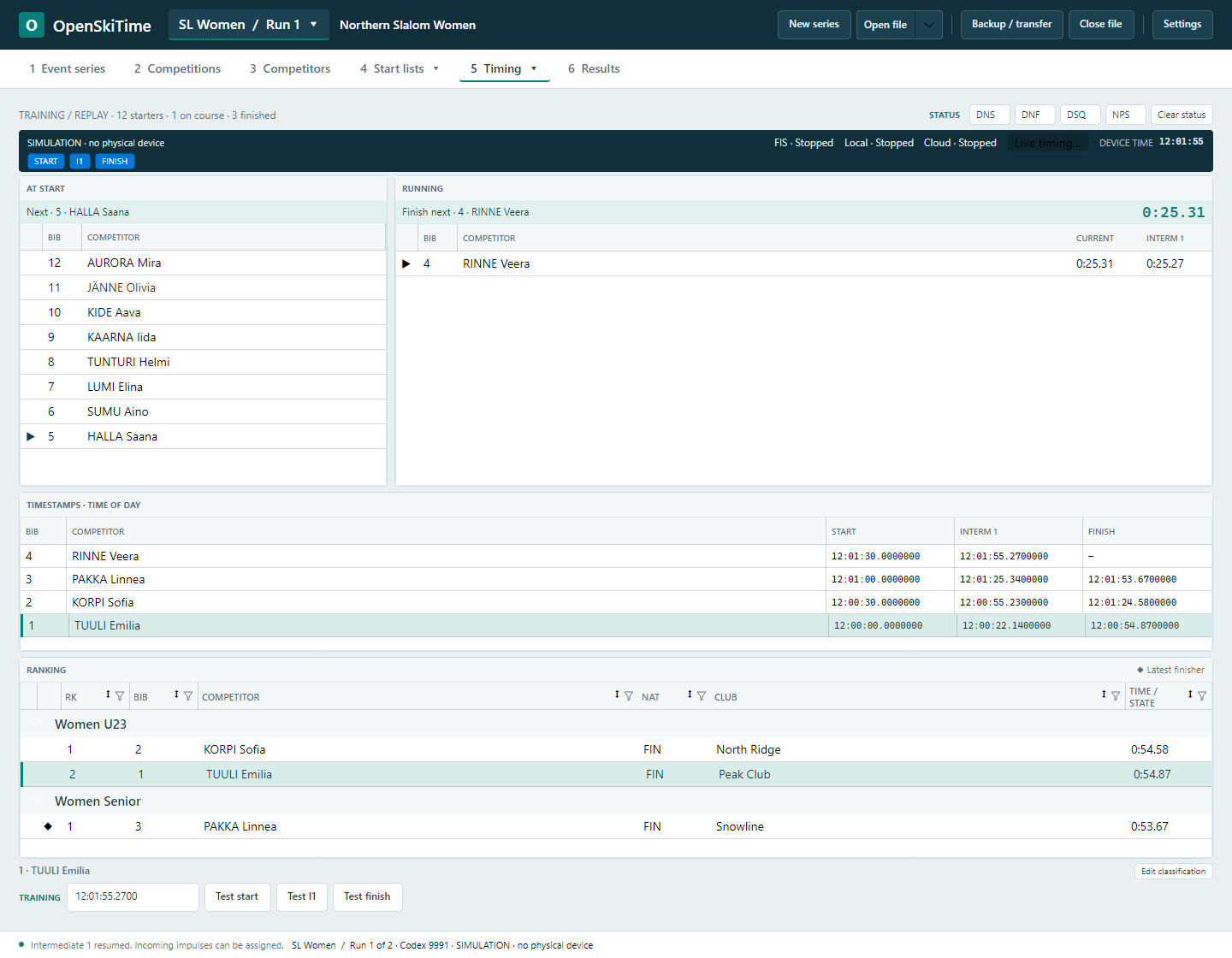 OpenSkiTime race control showing starters, racers on course, captured timestamps and ranking for a fictional slalom race